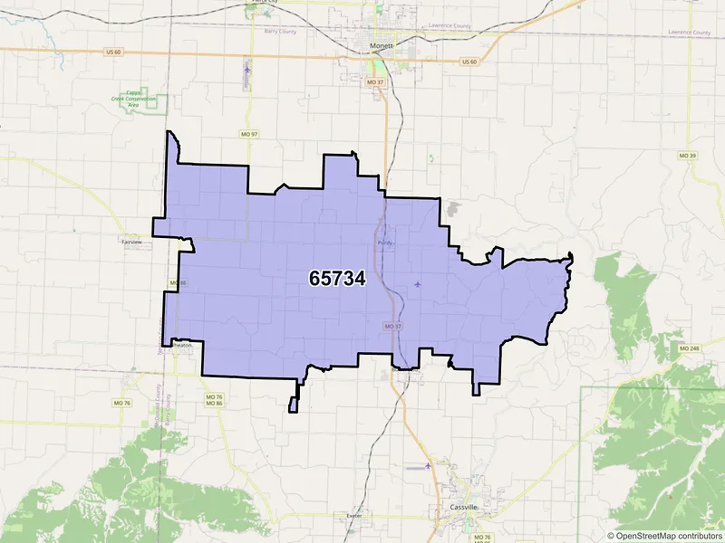 Map of ZIP Code 65734 — Purdy, MO