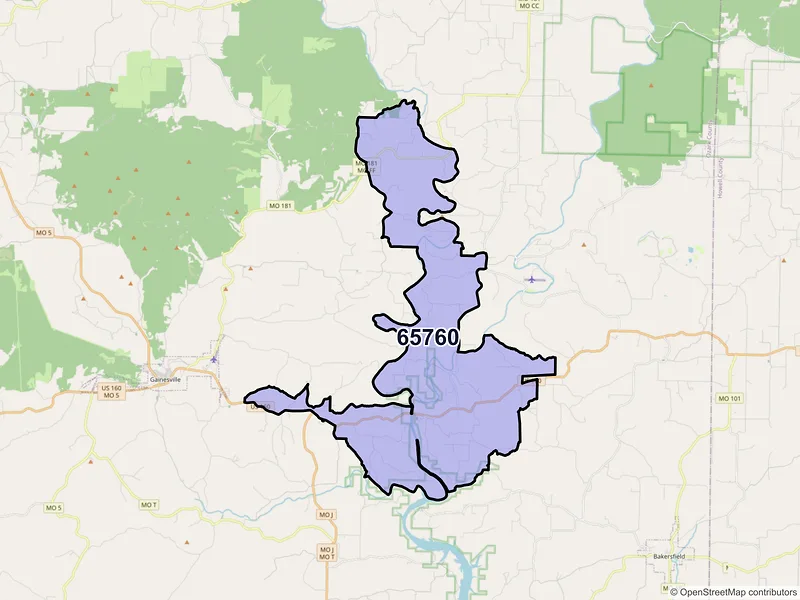 Map of Tecumseh, Missouri and ZIP codes