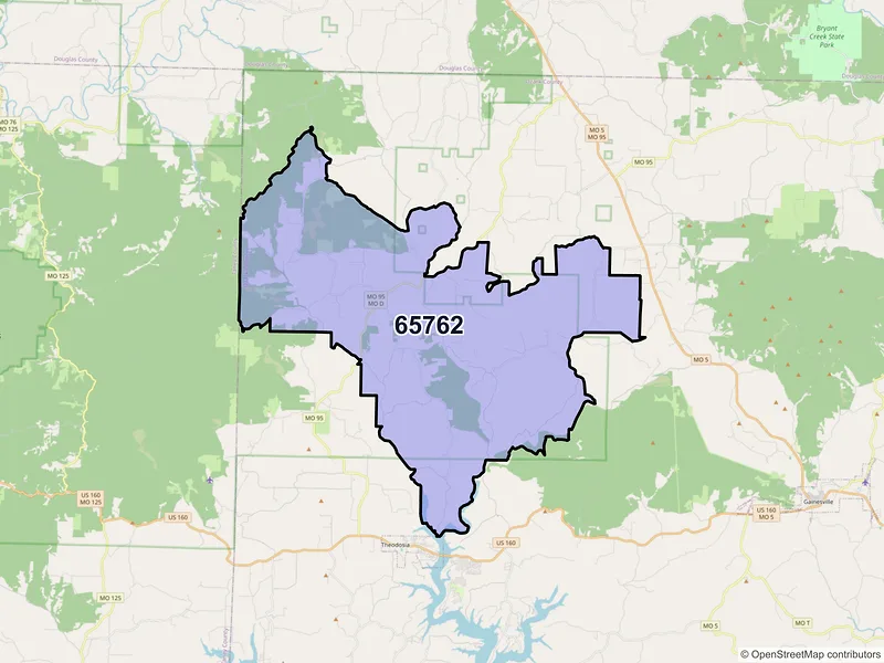 Map of Thornfield, Missouri and ZIP codes