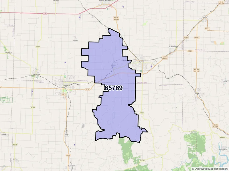 Map of Verona, Missouri and ZIP codes