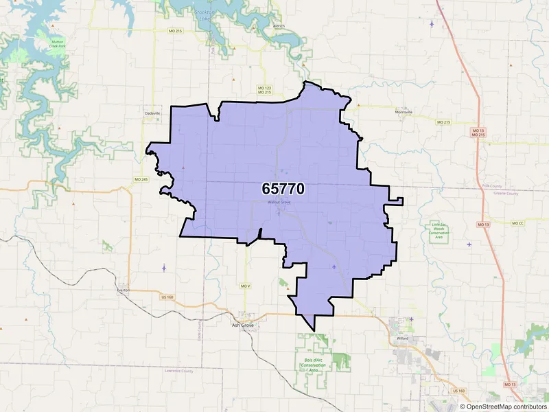 Map of Walnut Grove, Missouri and ZIP codes