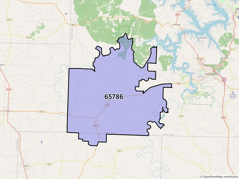 Map of Macks Creek, Missouri and ZIP codes