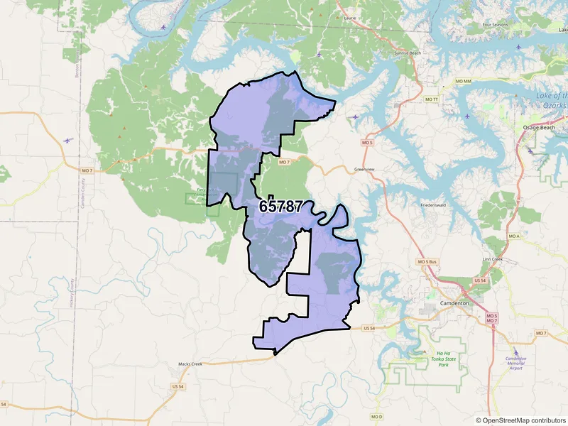 Map of Roach, Missouri and ZIP codes