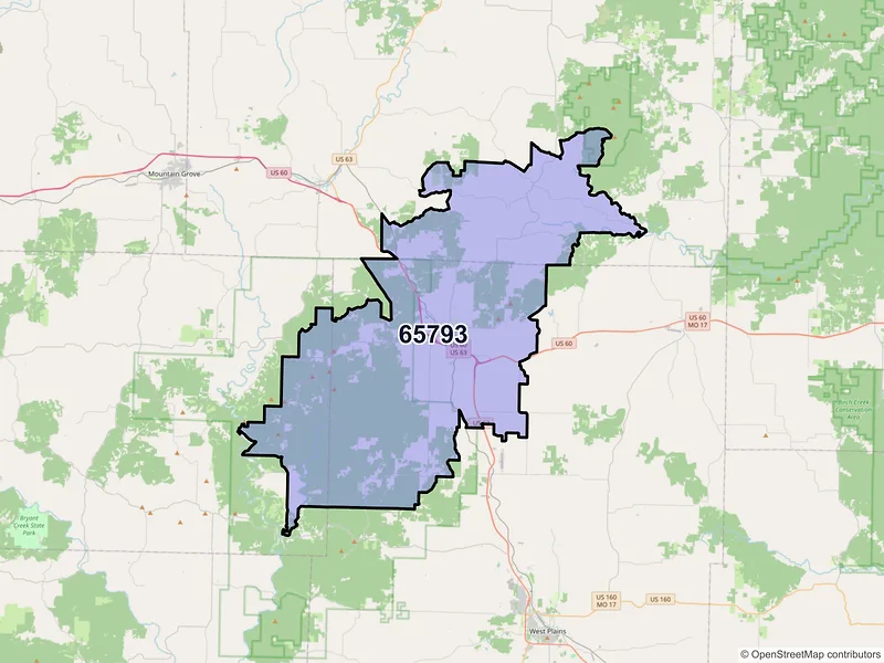 Map of ZIP Code 65793 — Willow Springs, MO
