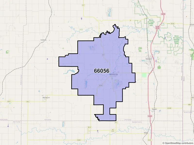 Map of Mound City, Kansas and ZIP codes