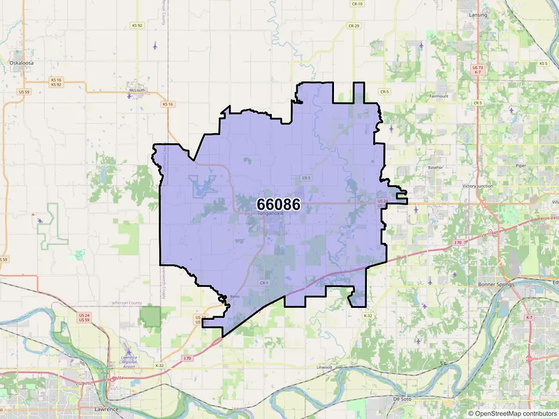 Map of ZIP Code 66086 — Tonganoxie, KS