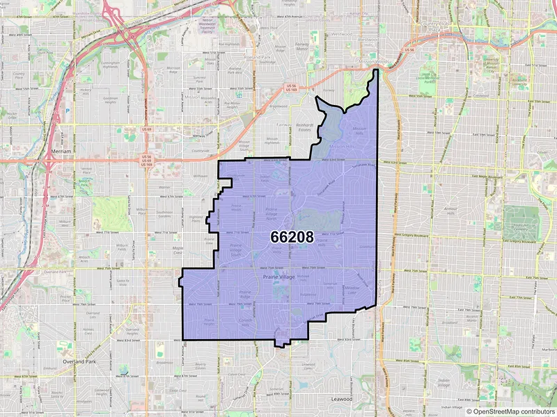 Map of Prairie Village, Kansas and ZIP codes