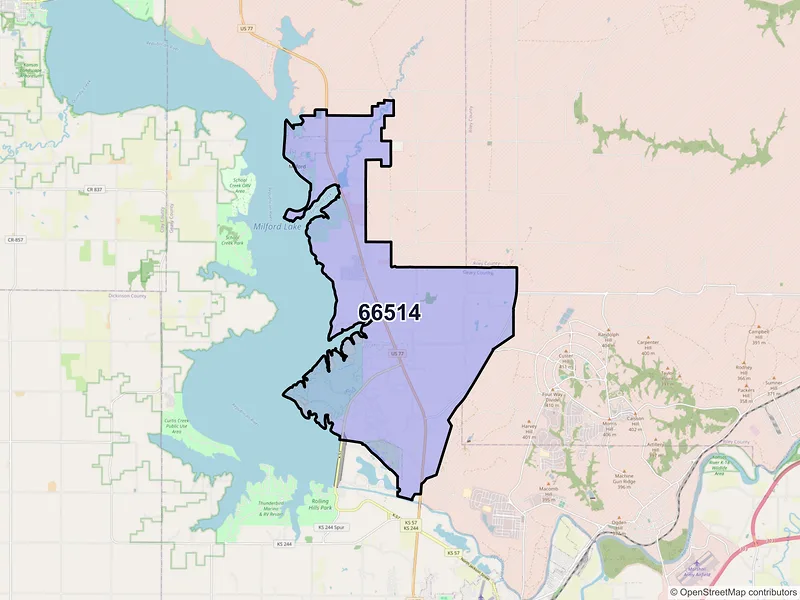 Map of Milford, Kansas and ZIP codes