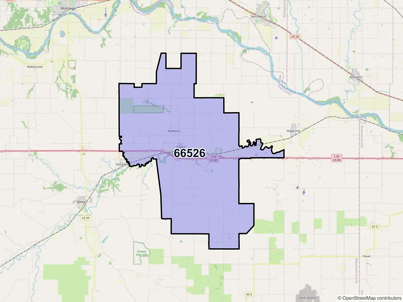 Map of Paxico, Kansas and ZIP codes