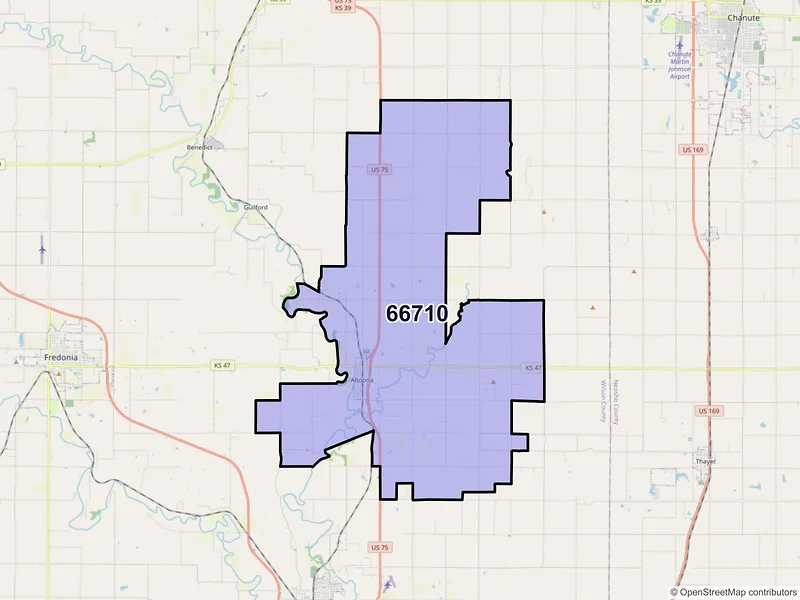 Map of Altoona, Kansas and ZIP codes