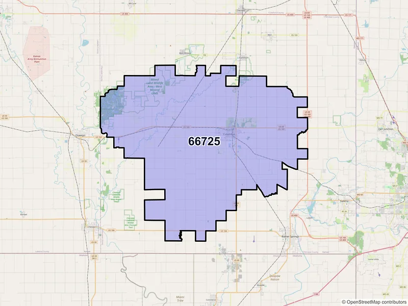 Map of Columbus, Kansas and ZIP codes