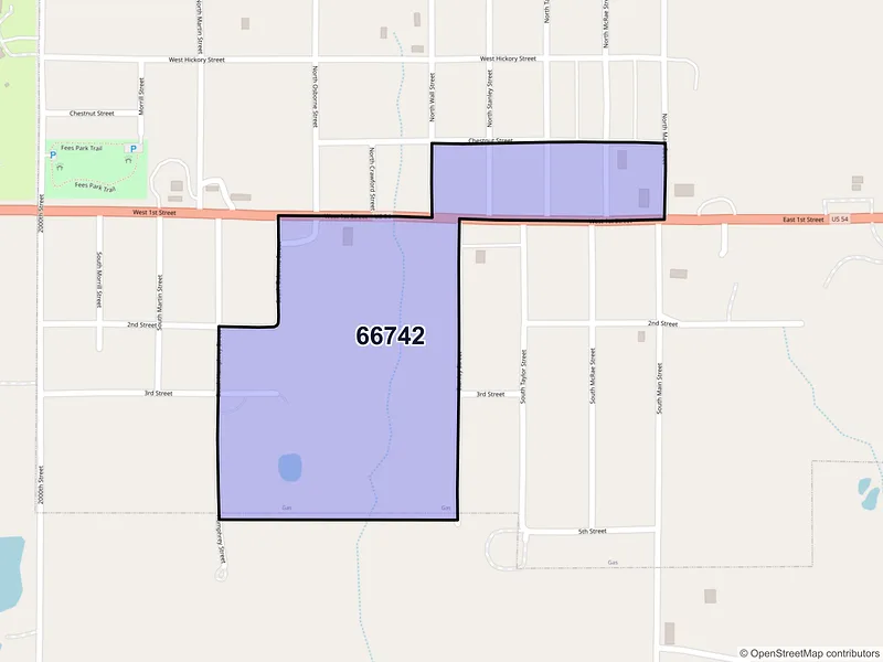 Map of Gas, Kansas and ZIP codes