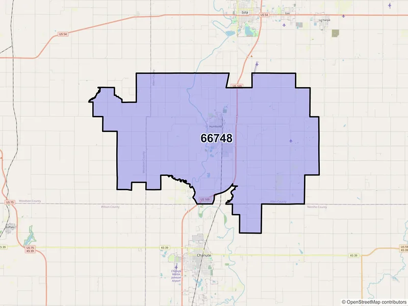 Map of Humboldt, Kansas and ZIP codes