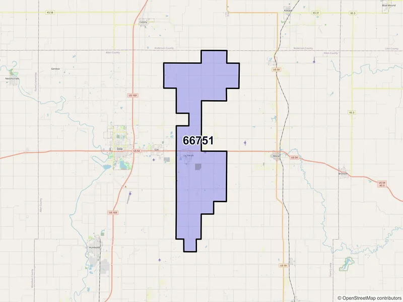 Map of ZIP Code 66751 — La Harpe, KS