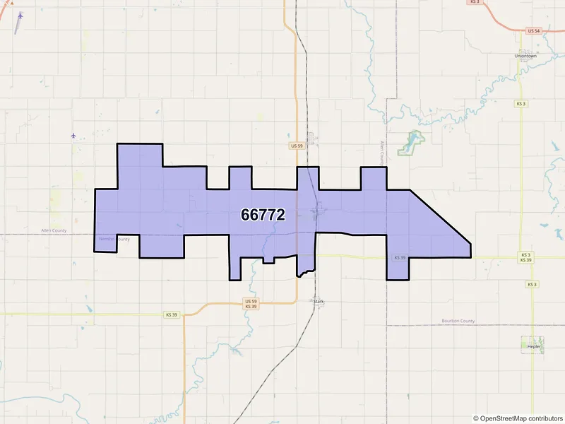 Map of Savonburg, Kansas and ZIP codes