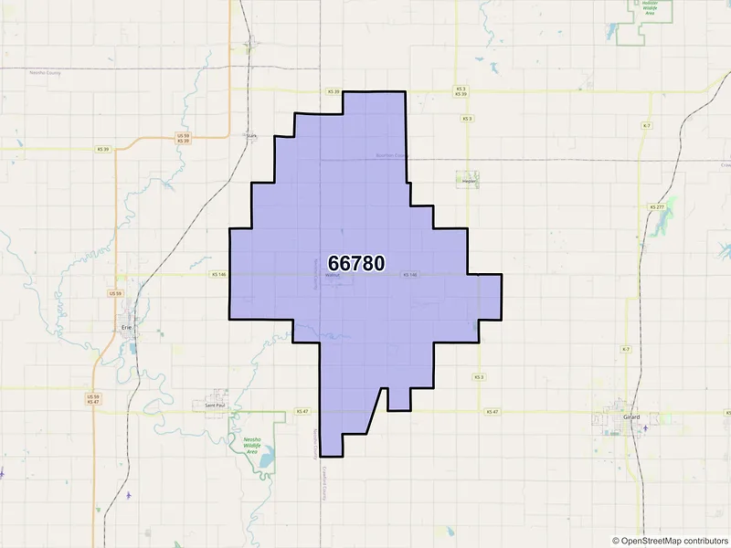 Map of Walnut, Kansas and ZIP codes