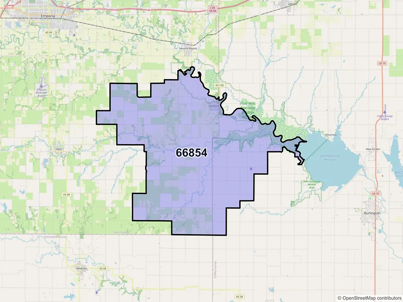 Map of Hartford, Kansas and ZIP codes