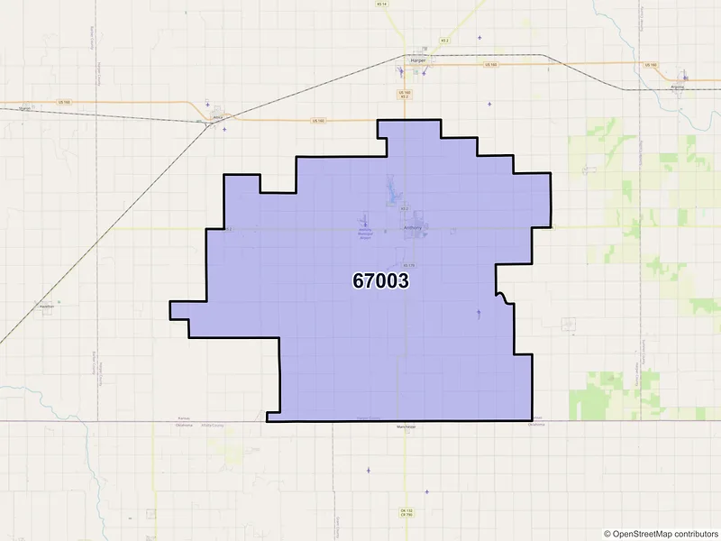 Map of ZIP Code 67003 — Anthony, KS