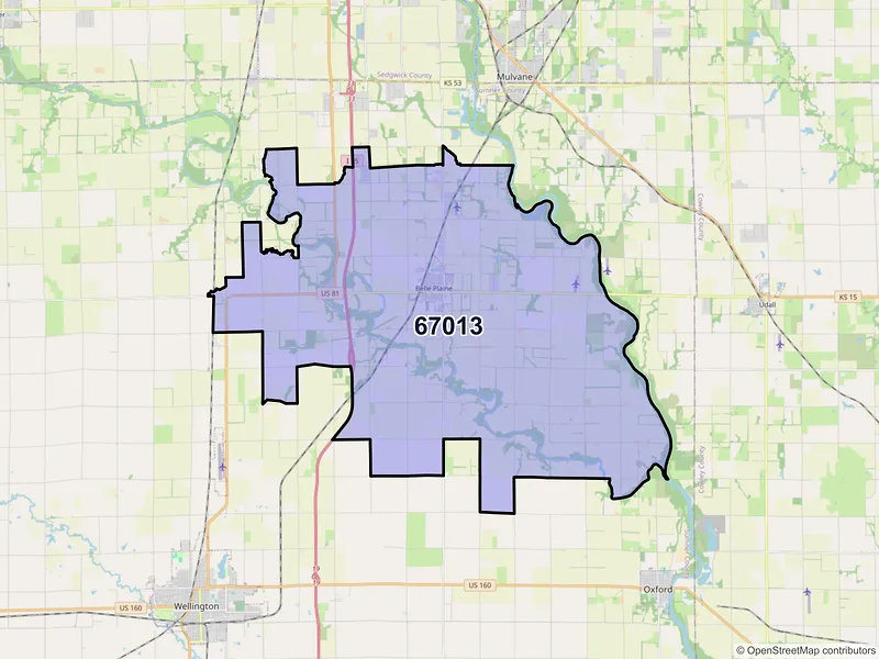 Map of ZIP Code 67013 — Belle Plaine, KS