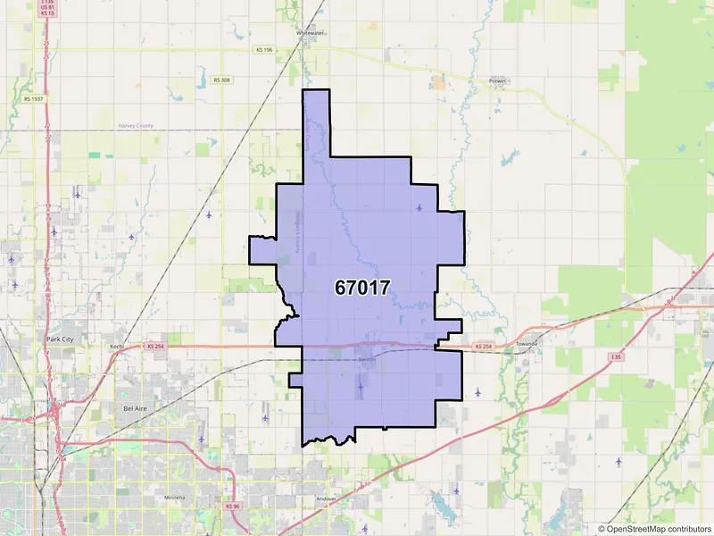 Map of Benton, Kansas and ZIP codes