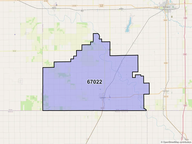 Map of Caldwell, Kansas and ZIP codes