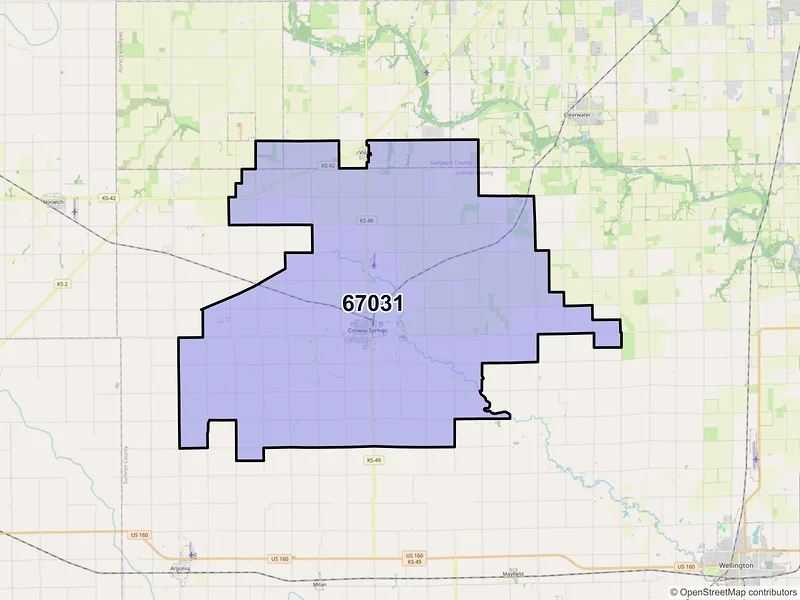 Map of Conway Springs, Kansas and ZIP codes