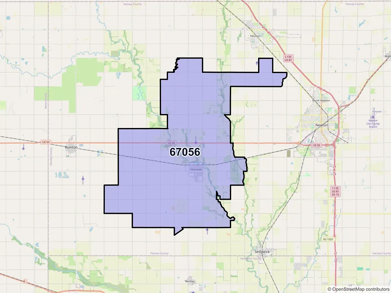 Map of Halstead, Kansas and ZIP codes