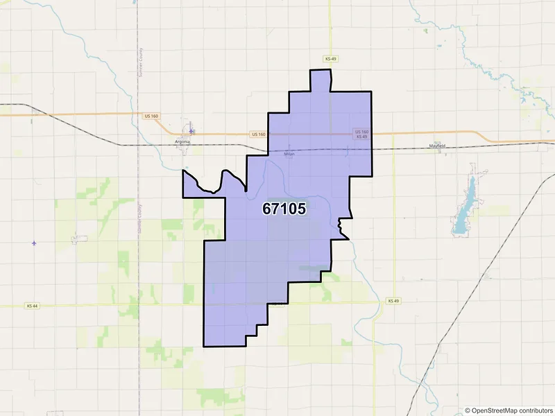 Map of Milan, Kansas and ZIP codes