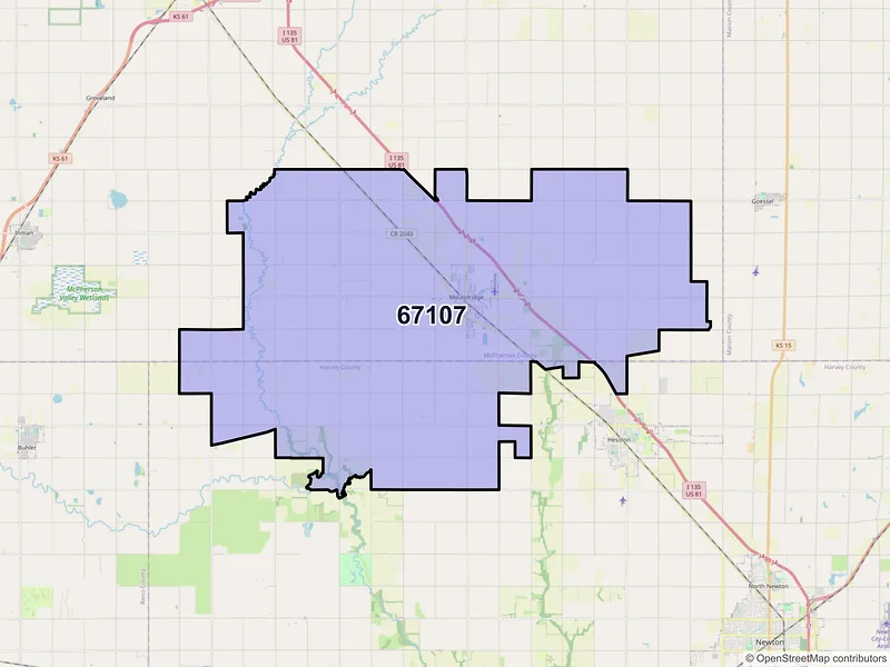 Map of ZIP Code 67107 — Moundridge, KS