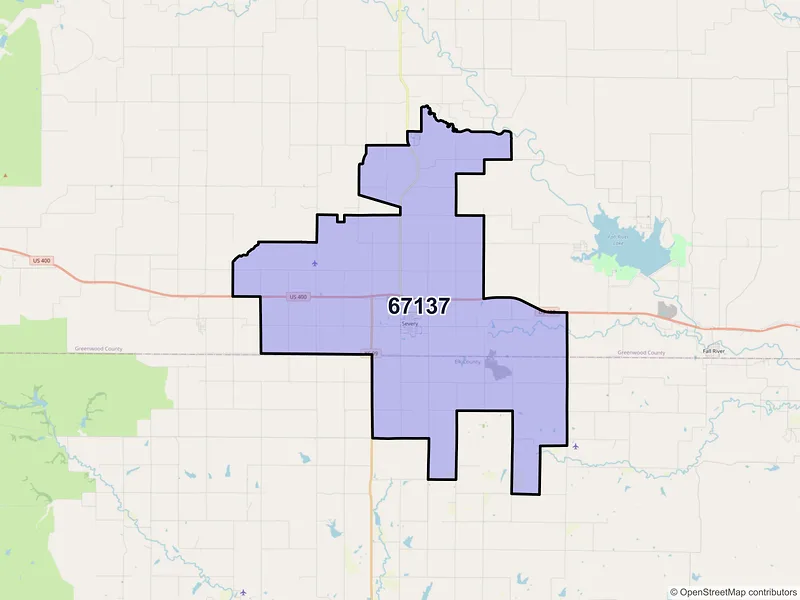 Map of Severy, Kansas and ZIP codes