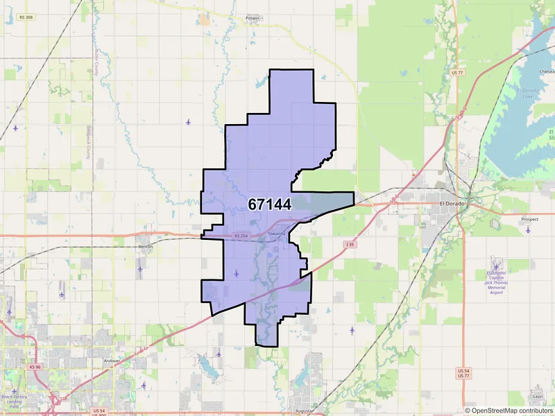 Map of Towanda, Kansas and ZIP codes