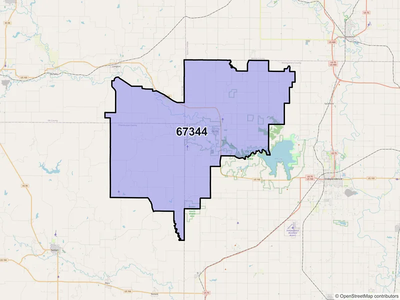 Map of Elk City, Kansas and ZIP codes