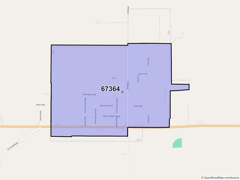 Map of Tyro, Kansas and ZIP codes
