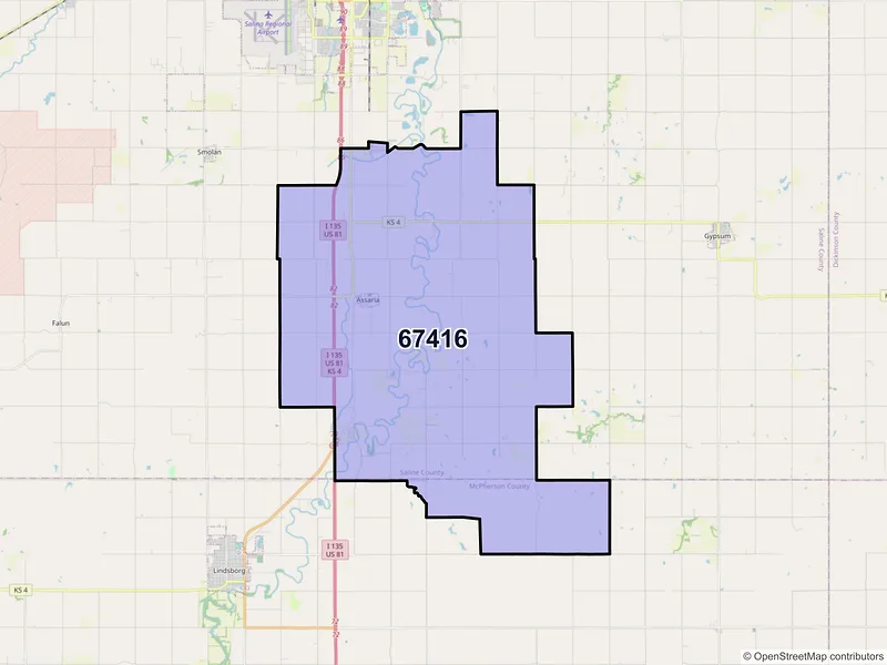 Map of ZIP Code 67416 — Assaria, KS