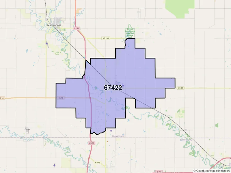 Map of Bennington, Kansas and ZIP codes