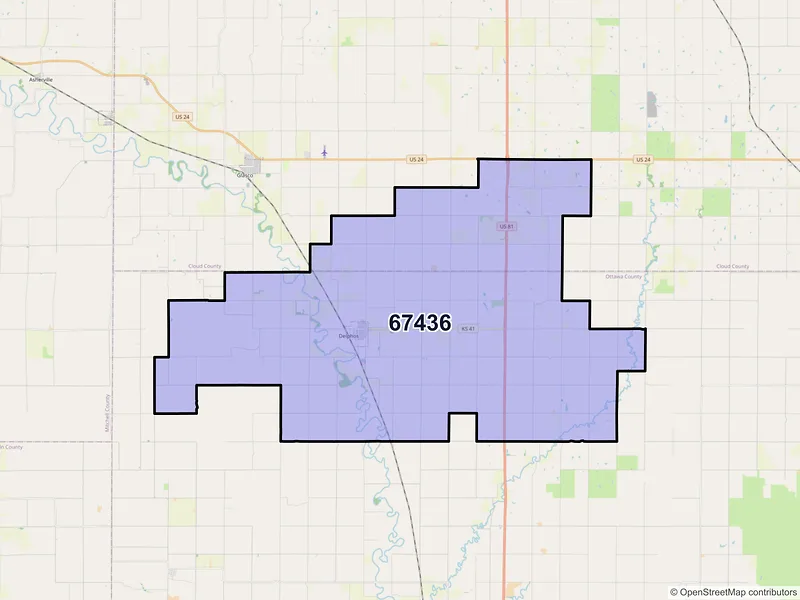 Map of ZIP Code 67436 — Delphos, KS