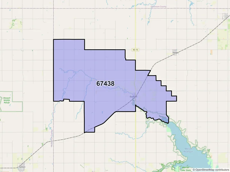Map of Durham, Kansas and ZIP codes