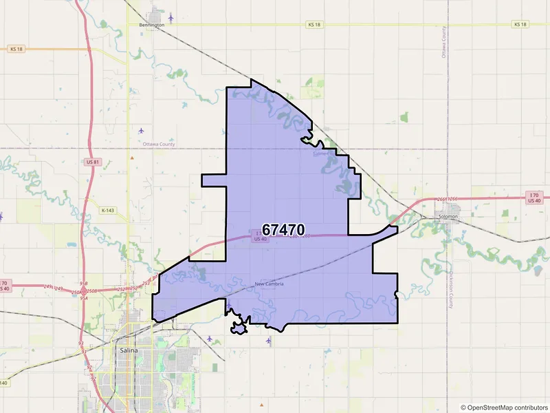 Map of ZIP Code 67470 — New Cambria, KS