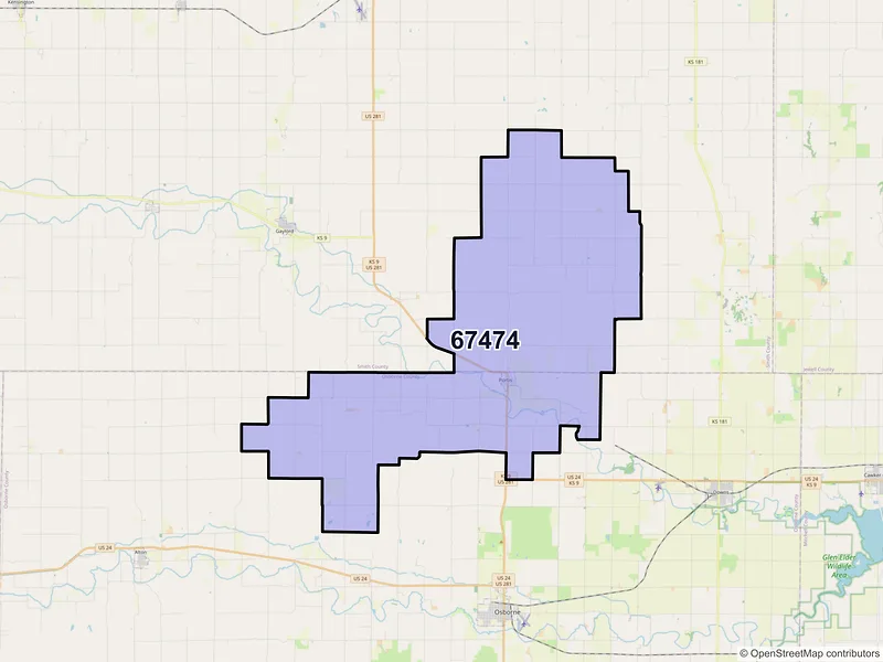 Map of Portis, Kansas and ZIP codes
