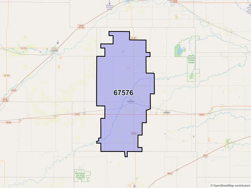 Map of St John, Kansas and ZIP codes