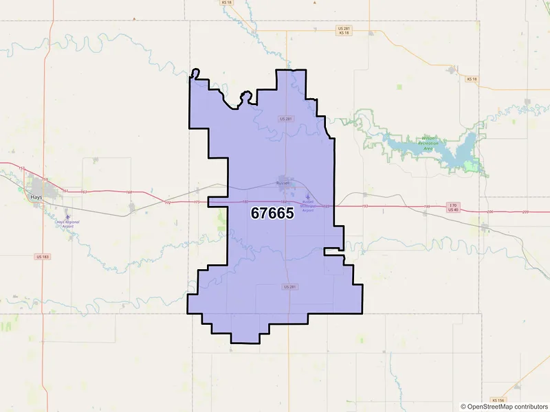 Map of Russell, Kansas and ZIP codes