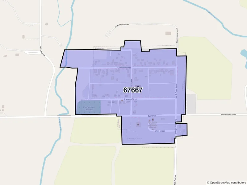 Map of Schoenchen, Kansas and ZIP codes
