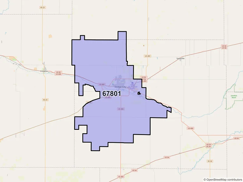 Map of Dodge City, Kansas and ZIP codes