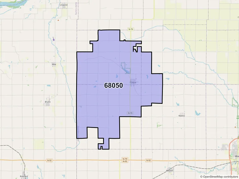 Map of ZIP Code 68050 — Prague, NE