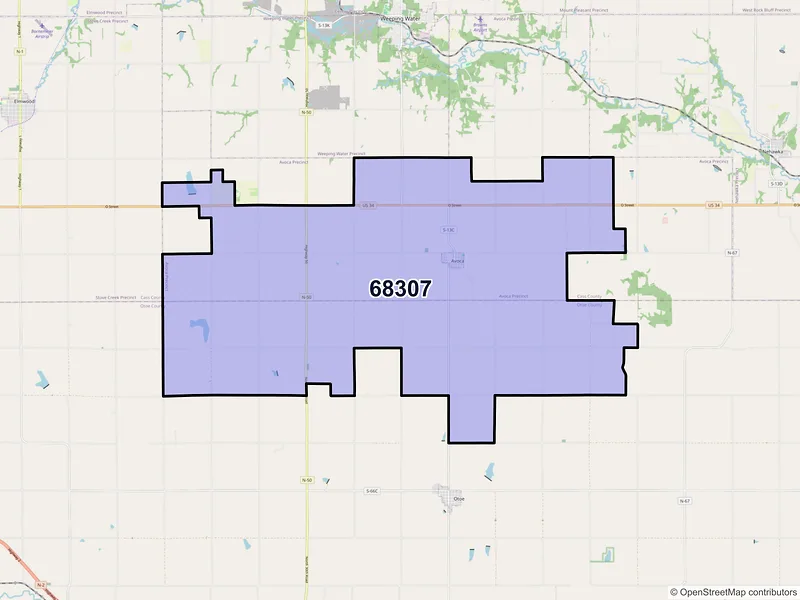 Map of ZIP Code 68307 — Avoca, NE