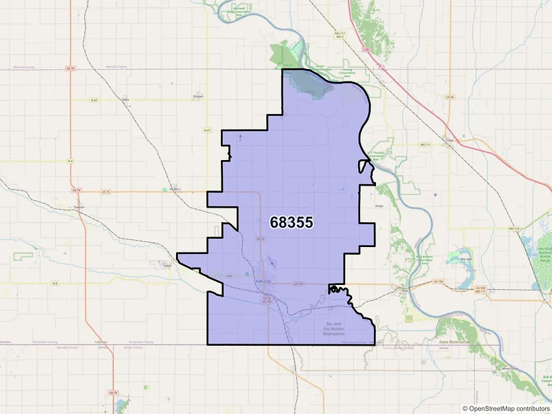 Map of Falls City, Nebraska and ZIP codes