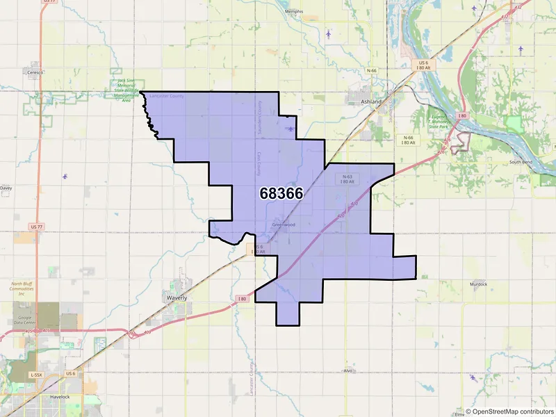 Map of ZIP Code 68366 — Greenwood, NE