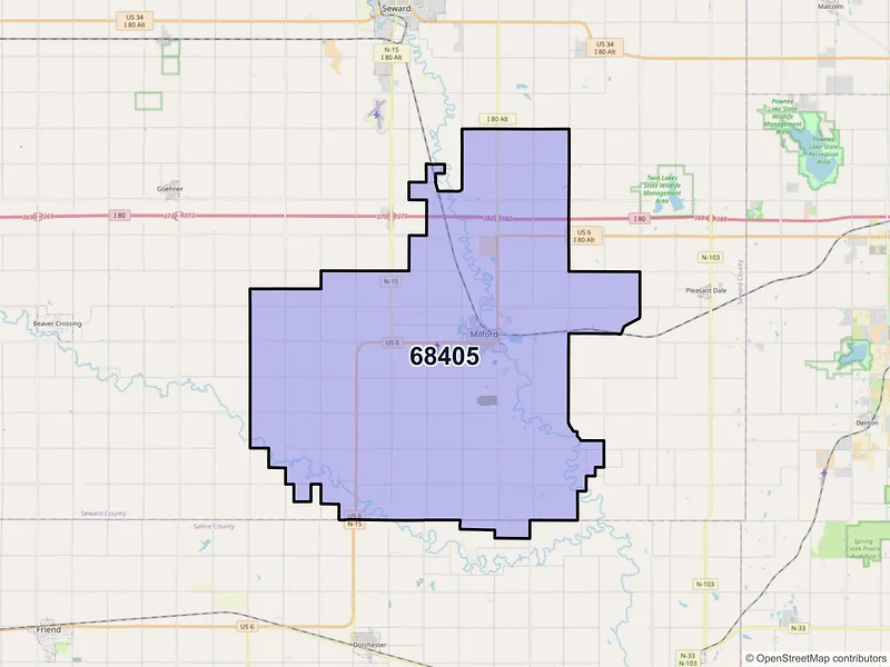 Map of ZIP Code 68405 — Milford, NE