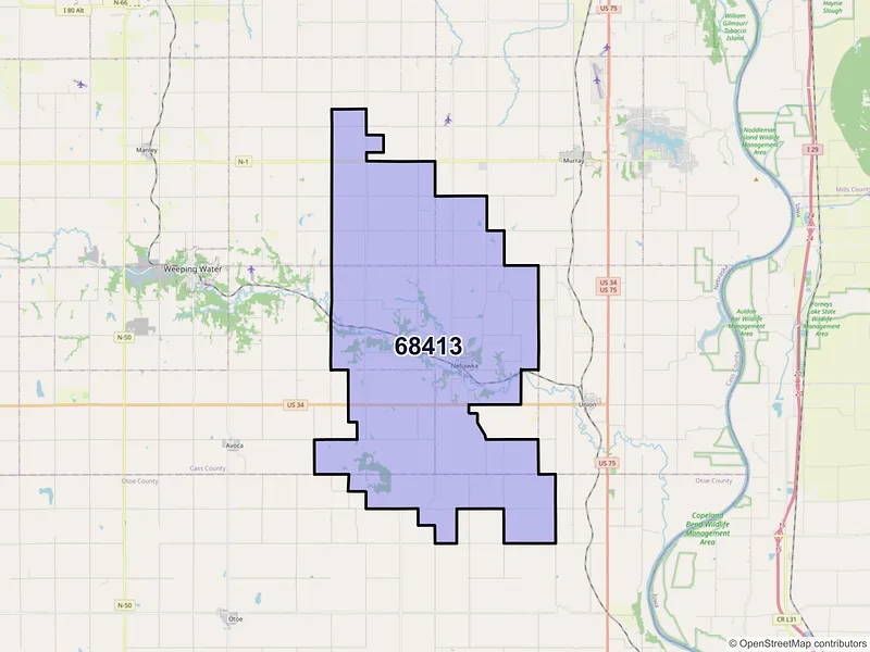 Map of ZIP Code 68413 — Nehawka, NE