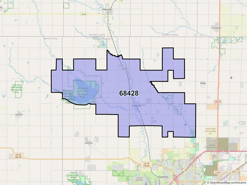 Map of ZIP Code 68428 — Raymond, NE